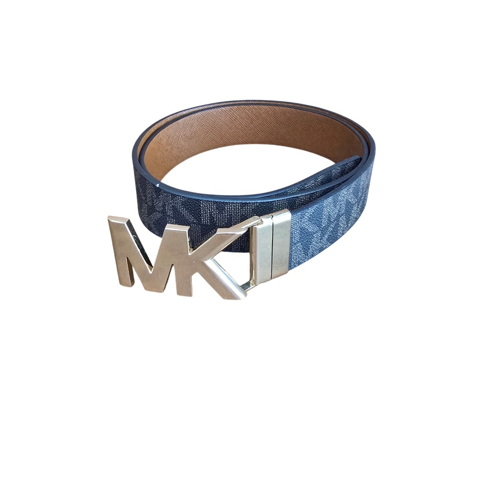Michael Kors Reversible MK Logo Belt Gold Buckle Monogram Tan Saffiano 33-37